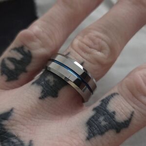 Stainless Steel and Blue Men's Ring From Modern Gents - Size 8